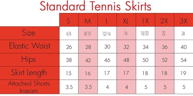 Tennis skirt size chart