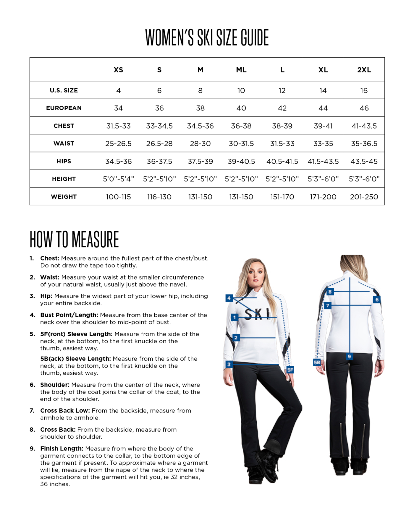 Women ski size chart